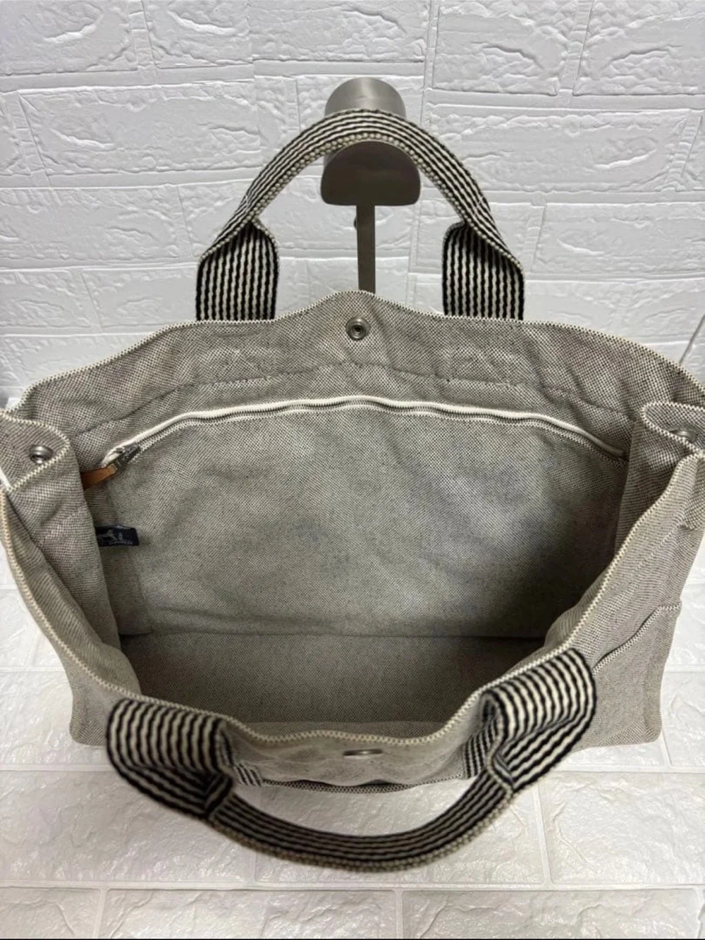 Hermes Natural Canvas Tote with Black Striped Handles